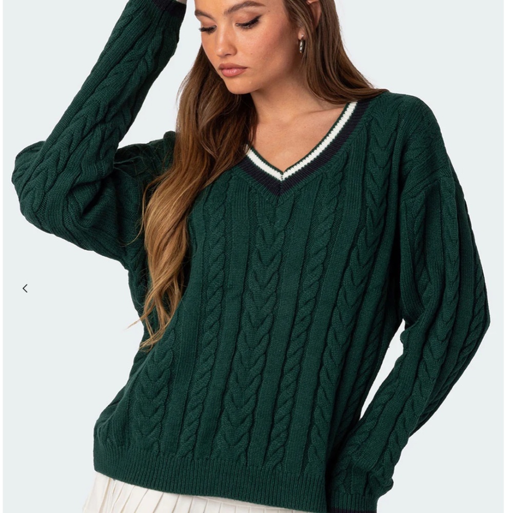 Edikted‎ Amoret Oversized Cable Knit Sweater Green V-Neck Collegiate Small